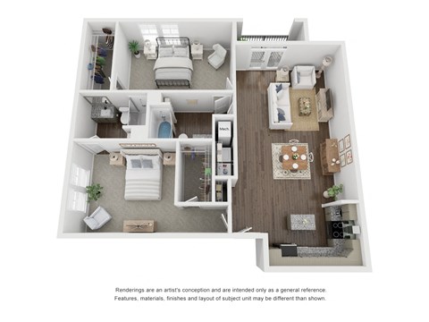 Floor plan for 2 beds, 2 baths, 1262 sqft